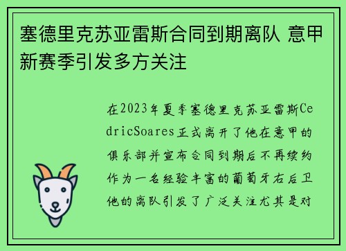 塞德里克苏亚雷斯合同到期离队 意甲新赛季引发多方关注