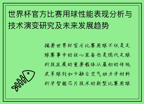 世界杯官方比赛用球性能表现分析与技术演变研究及未来发展趋势